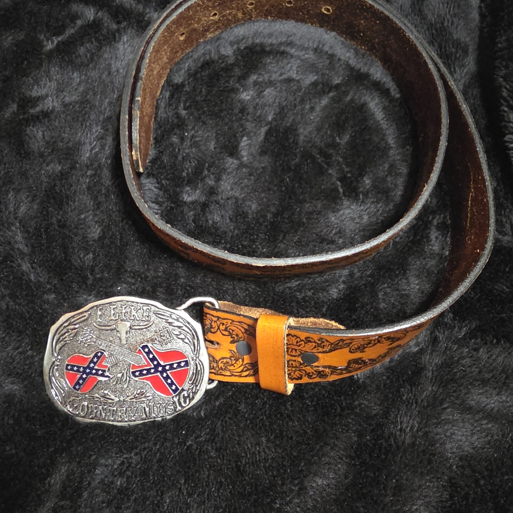 Country Music Metal Belt Buckle With Tooled Leather Belt